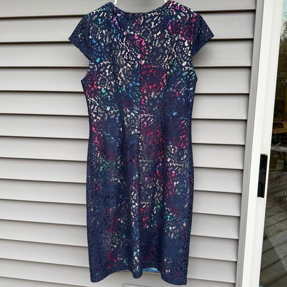 Betsey Johnson size 14 Navy Lace Overlay Floral Sheath Dress - Picture 6 of 13